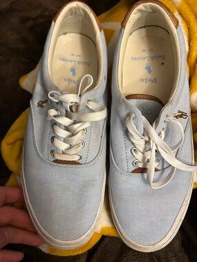 Polo by Ralph Lauren Men’s Pale Blue Canvas Boat Shoes with White Laces